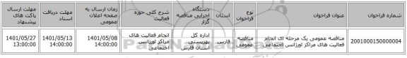 مناقصه، مناقصه عمومی یک مرحله ای انجام فعالیت های مراکز اورژانس اجتماعی