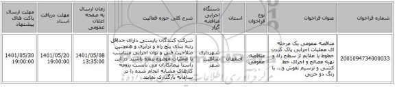 مناقصه، مناقصه عمومی یک مرحله ای عملیات اجرایی پاک کردن خطوط یا علایم از سطح راه و تهیه مصالح و اجرای خط کشی و ترسیم نقوش و... با رنگ دو جزیی