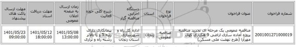 مناقصه، مناقصه عمومی یک مرحله ای تجدید مناقصه ﭘﺮوژه آﻣﺎده ﺳﺎزی اراﺿﯽ 9 ﻫﮑﺘﺎری ﮐﻮی ﻣﻬﺮآرا  (ﻃﺮح نهضت ﻣﻠﯽ ﻣﺴﮑﻦ)