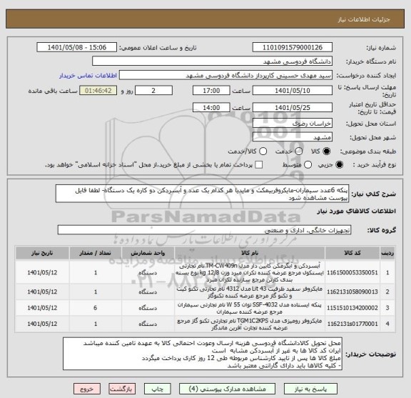 استعلام پنکه 6عدد سیماران-مایکروفربیمکث و مایدیا هر کدام یک عدد و آبسردکن دو کاره یک دستگاه- لطفا فایل پیوست مشاهده شود