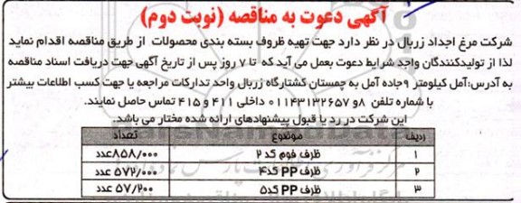 مناقصه تهیه ظروف بسته بندی محصولات - نوبت دوم 