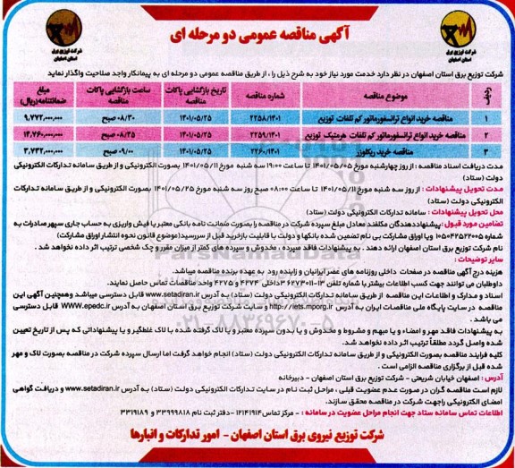 مناقصه خرید انواع ترانسفورماتور و غیره ..