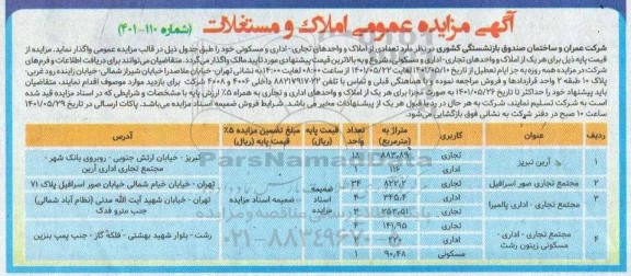 مزایده واگذاری تعدادی از املاک و واحدهای تجاری، اداری و مسکونی