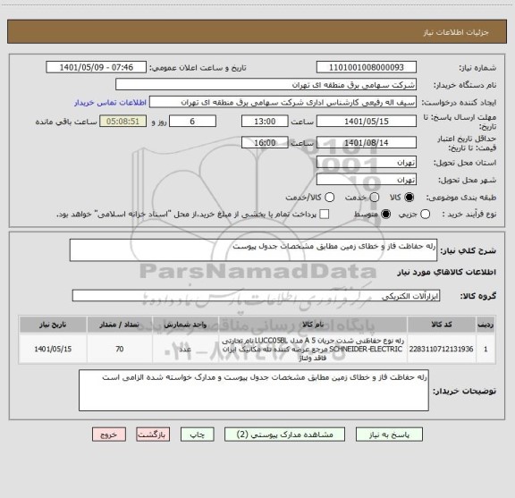 استعلام رله حفاظت فاز و خطای زمین مطابق مشخصات جدول پیوست