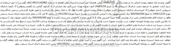 آگهی مزایده  حق امتیاز و اشتراک تلفن همراه به شماره 09121162982 