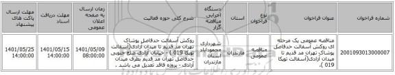 مناقصه، مناقصه عمومی یک مرحله ای روکش آسفالت حدفاصل پوشاک تهران مد قدیم تا میدان آزادی(آسفالت توپکا 019 ).