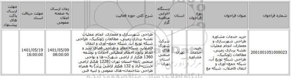 مناقصه، خرید خدمات مشاوره طراحی شهرسازی و معماری، انجام عملیات نقشه برداری زمینی، مطالعات ژئوتکنیک، طراحی شبکه توزیع آب، شبکه جمع¬آوری و انتقال فاضلاب، شبکه مع