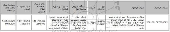 مناقصه، مناقصه عمومی یک مرحله ای مناقصه عمومی یک مرحله ای انجام خدمات تهیه، طبخ و توزیع غذای گرم جلسات، ‌میهمانان و کشیک کارکنان شرکت توانیر