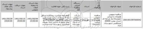 مناقصه، مناقصه عمومی همزمان با ارزیابی (یکپارچه) یک مرحله ای احداث مخزن 20000 مترمکعبی شهرستان ایذه