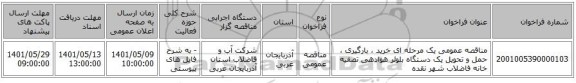 مناقصه، مناقصه عمومی یک مرحله ای خرید ، بارگیری ، حمل و تحویل یک دستگاه بلوئر هوادهی تصفیه خانه فاضلاب شهر نقده