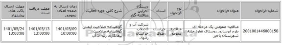 مناقصه، مناقصه عمومی یک مرحله ای طرح آبرسانی  روستای  نقاره خانه شهرستان باخرز