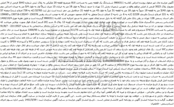 آگهی مزایده ششدانگ یک قطعه زمین به مساحت 810 مترمربع قطعه 20 تفکیکی به پلاک ثبتی شماره 5043 فرعی از 74 اصلی