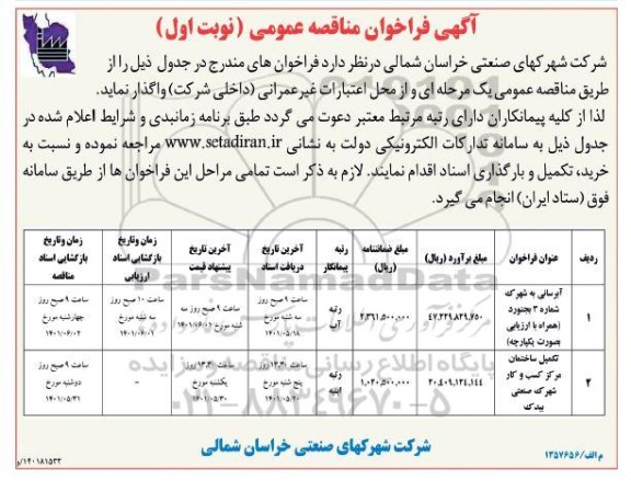 فراخوان مناقصه آبرسانی به شهرک شماره 3 ....