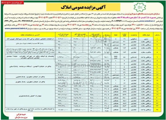 مزایده فروش 24 مورد از املاک در اختیار