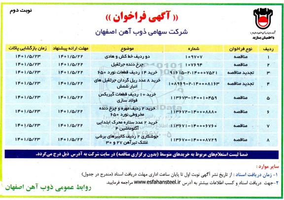 فراخوان مناقصه دو رديف خط كش و هادی ... نوبت دوم 