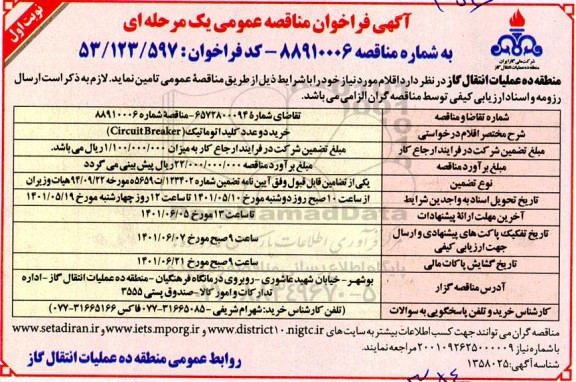 فراخوان مناقصه خرید دو عدد کلید اتوماتیک circuit breaker 