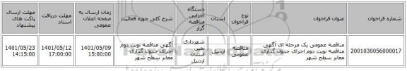 مناقصه، مناقصه عمومی یک مرحله ای آگهی مناقصه نوبت دوم اجرای جدول گذاری معابر سطح شهر