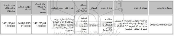 مناقصه، مناقصه عمومی همزمان با ارزیابی (یکپارچه) دو مرحله ای اجرای جدول در فاز توسعه 47 هکتاری شهرک صنعتی گرمسار