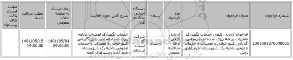 مناقصه، فراخوان ارزیابی کیفی خدمات نگهداری تعمیرات برنامه ریزی شده امدادرسانی گازبانی کنتورخوانی و تعمیرات و خدمات عمومی ناحیه یک شهرستان خرم آبادو روس