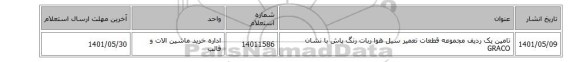 تامین یک ردیف مجموعه قطعات تعمیر سیل هوا ربات رنگ پاش با نشان GRACO