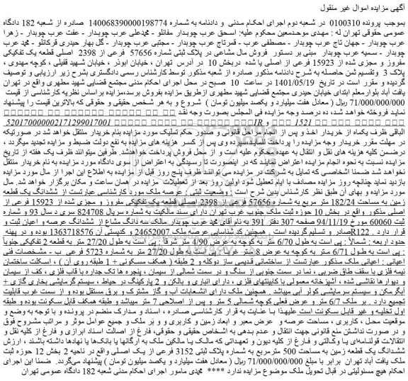 مزایده فروش مال مشاعی در پلاک ثبتی شماره 57656 فرعی از 2398 اصلی قطعه یک تفکیکی مفروز و مجزی شده از 15923 فرعی از اصلی
