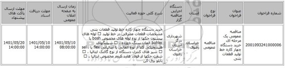 مناقصه، مناقصه عمومی یک مرحله ای خرید دستگاه چهار کاره خط تولید قطعات بتنی