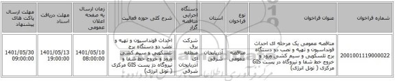 مناقصه، مناقصه عمومی یک مرحله ای احداث فونداسیون و تهیه و نصب دو دستگاه برج تلسکوپی و سیم کشی ورود و خروج خط شفا و نیروگاه در پست GIS مرکزی ( تونل انرژی)