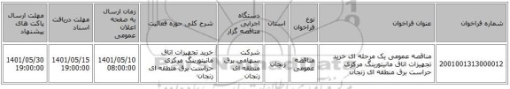 مناقصه، مناقصه عمومی یک مرحله ای خرید تجهیزات اتاق مانیتورینگ مرکزی حراست برق منطقه ای زنجان