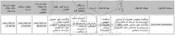 مناقصه، مناقصه عمومی همزمان با ارزیابی (یکپارچه) یک مرحله ای (فشرده) واگذاری امور حجمی فعالیت های پشتیبانی و خدماتی بانک کشاورزی خراسان شمالی