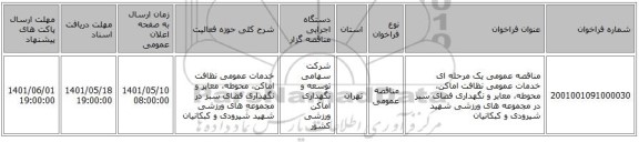 مناقصه، مناقصه عمومی یک مرحله ای خدمات عمومی نظافت اماکن، محوطه، معابر و نگهداری فضای سبز در مجموعه های ورزشی شهید شیرودی و کبکانیان