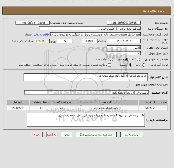 استعلام اجرای طرحهای رفع افت ولتاژ شهرستان اوز