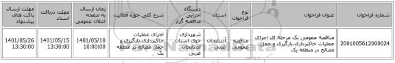 مناقصه، مناقصه عمومی یک مرحله ای اجرای عملیات خاکبرداری،بارگیری و حمل مصالح در  منطقه یک