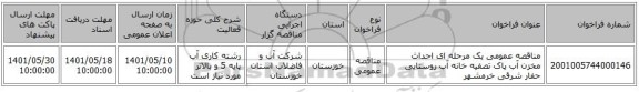 مناقصه، مناقصه عمومی یک مرحله ای احداث مخزن آب پاک تصفیه خانه آب روستایی حفار شرقی خرمشهر