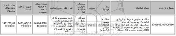 مناقصه، مناقصه عمومی همزمان با ارزیابی (یکپارچه) دو مرحله ای خرید سکسیونر گازی 20 کیلو ولت دارای اتوماسیون کامل به همراه تابلو فرمان RTU و مودم به تعداد 10 دستگاه