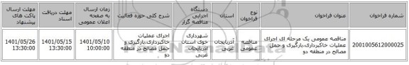 مناقصه، مناقصه عمومی یک مرحله ای اجرای عملیات خاکبرداری،بارگیری و حمل مصالح در  منطقه دو