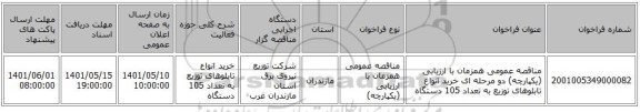 مناقصه، مناقصه عمومی همزمان با ارزیابی (یکپارچه) دو مرحله ای خرید انواع تابلوهای توزیع به تعداد 105 دستگاه