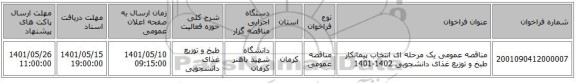 مناقصه، مناقصه عمومی یک مرحله ای انتخاب پیمانکار طبخ و توزیع غذای دانشجویی 1402-1401