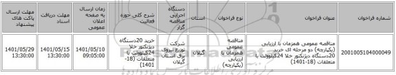 مناقصه، مناقصه عمومی همزمان با ارزیابی (یکپارچه) دو مرحله ای خرید 20دستگاه دیژنکتور خلا 24کیلوولت با متعلقات (18-1401)