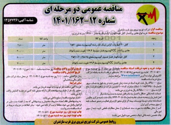 مناقصه خرید انواع هادی روکشدار، کابل خودنگهدار و کراسلینک - نوبت دوم 