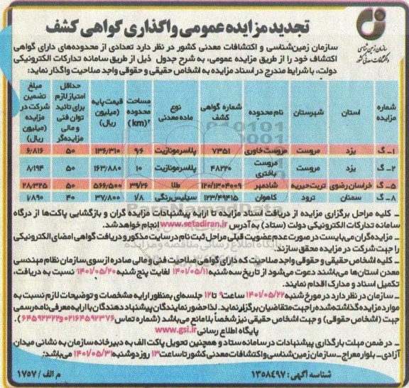 تجدید مزایده واگذاری گواهی کشف