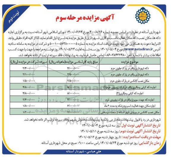 مزایده اجاره دکه ها، مکان نصب دکه، مکان فعالیت اسب و گاری مرحله سوم
