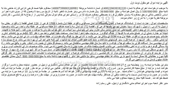 مزایده فروش ششدانگ عرصه و اعیان یکدستگاه آپارتمان مسکونی 