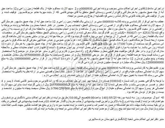 مزایده فروش یک قطعه زمین زراعی و 12 ساعت حق آبه از چاه عمیق