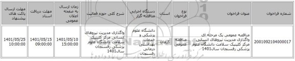 مناقصه، مناقصه عمومی یک مرحله ای واگذاری مدیریت نیروهای انسانی مرکز کلینیک سلامت دانشگاه علوم پزشکی رفسنجان سال1401