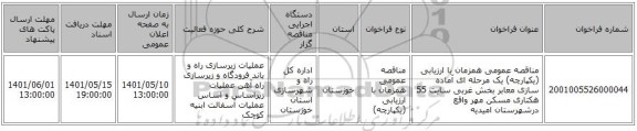 مناقصه، مناقصه عمومی همزمان با ارزیابی (یکپارچه) یک مرحله ای آماده سازی معابر بخش غربی سایت 55 هکتاری مسکن مهر واقع درشهرستان امیدیه