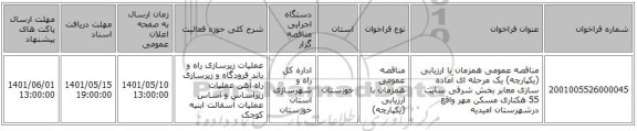 مناقصه، مناقصه عمومی همزمان با ارزیابی (یکپارچه) یک مرحله ای آماده سازی معابر بخش شرقی سایت 55 هکتاری مسکن مهر واقع درشهرستان امیدیه