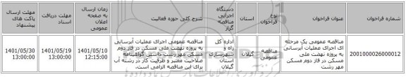 مناقصه، مناقصه عمومی یک مرحله ای اجرای عملیات آبرسانی به پروژه نهضت ملی مسکن در فاز دوم مسکن مهر رشت