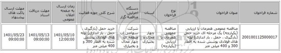 مناقصه، مناقصه عمومی همزمان با ارزیابی (یکپارچه) یک مرحله ای خرید حمل (بارگیری ، حمل ، بار اندازی) لوله های فولادی پوشش شده به اقطار 300 و 400 میلی متر