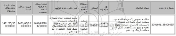 مناقصه، مناقصه عمومی یک مرحله ای تجدید عملیات امداد نگهداری و تعمیرات تاسیسات گازرسانی شامل خطوط تغذیه و توزیع ایستگاههای تقلیل فشار حفاظت از زنگ و... نطنز