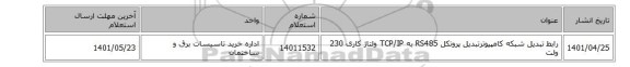 رابط تبدیل شبکه کامپیوترتبدیل پروتکل RS485 به TCP/IP ولتاژ کاری 230 ولت
